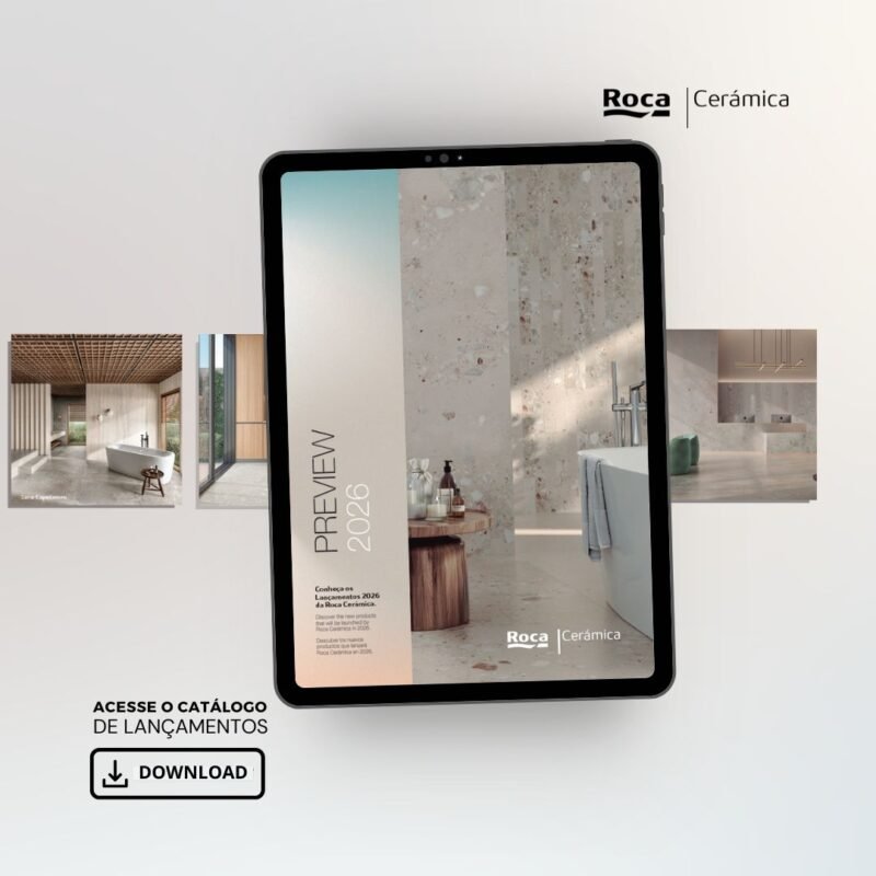 Catálogo Roca 2026 com novas coleções de porcelanatos e revestimentos da Roca Cerámica
