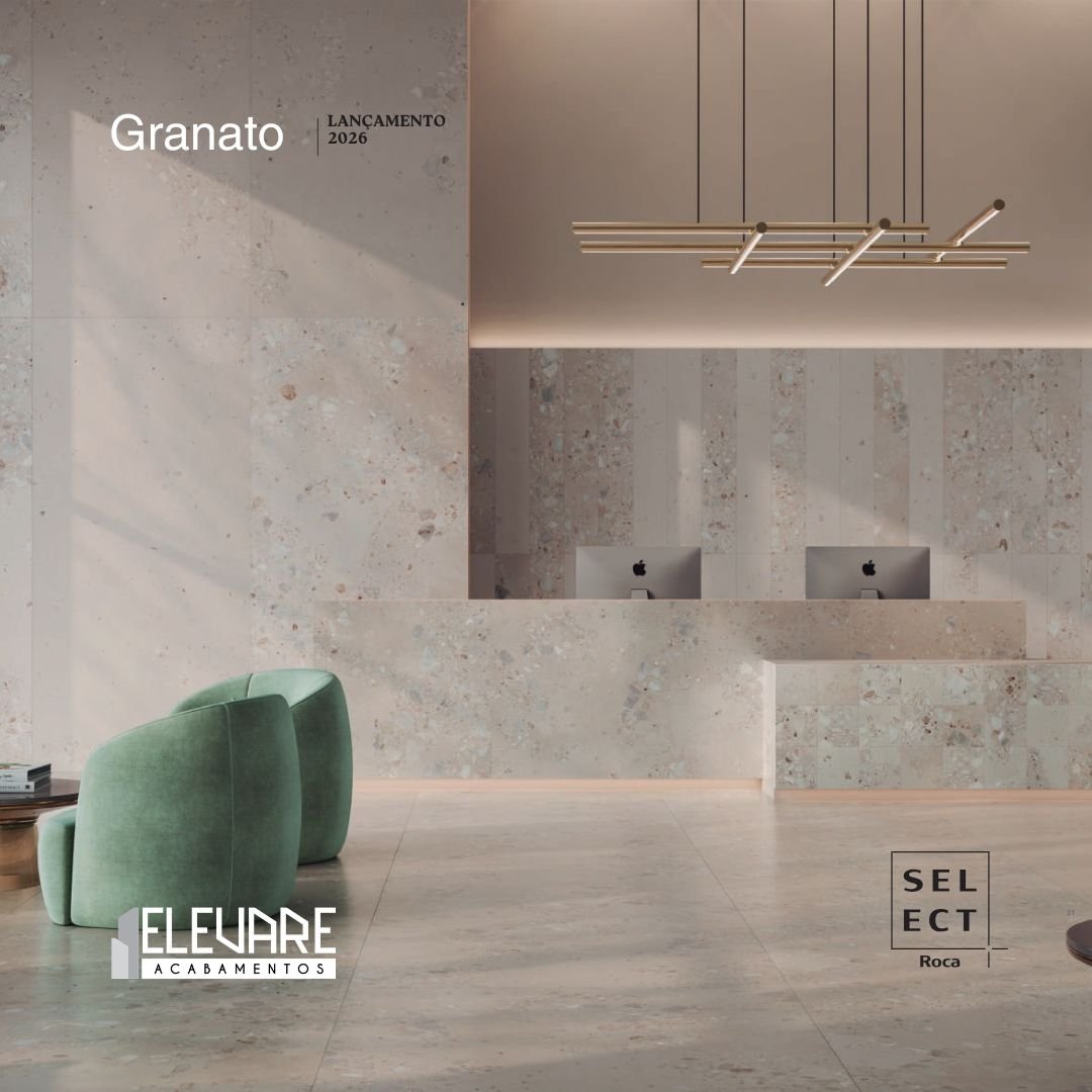 Série Granato Roca Cerámica inspirada no terrazzo italiano aplicada em ambiente contemporâneo