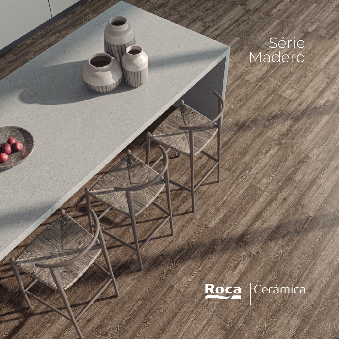 Série Madero Roca Cerámica com porcelanato amadeirado em ambiente contemporâneo